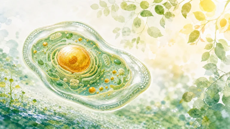 透明绿色植物细胞结构漂浮在水彩绿叶背景中
