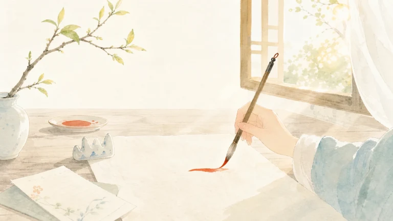 一只手在阳光书案的白纸上落下红色毛笔笔画