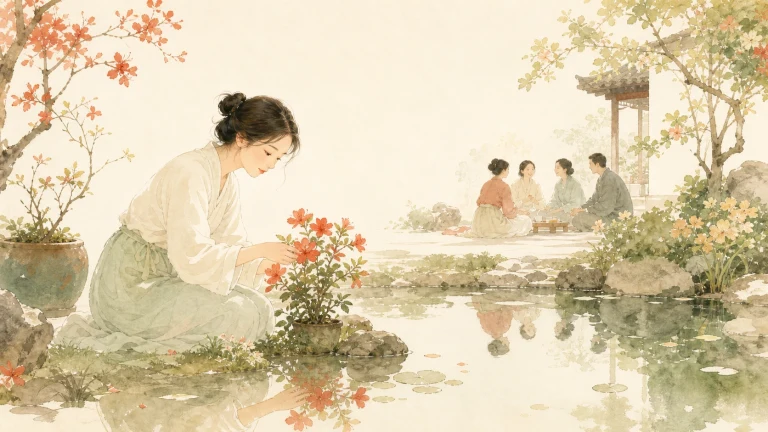 女子蹲在水彩池塘边修剪红花盆栽