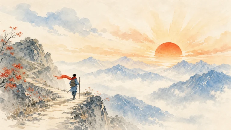 披红围巾的背包行人走在朝阳群山间的石径