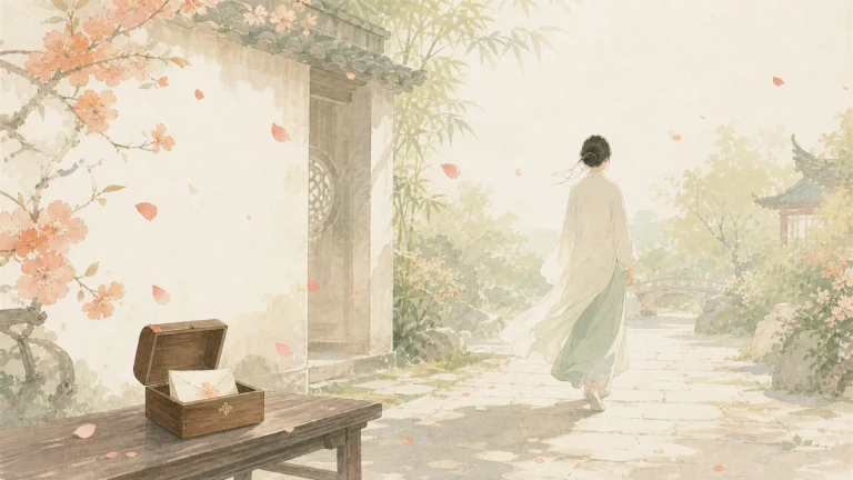 女子走过落花庭院，长桌上留着打开的木盒与信纸
