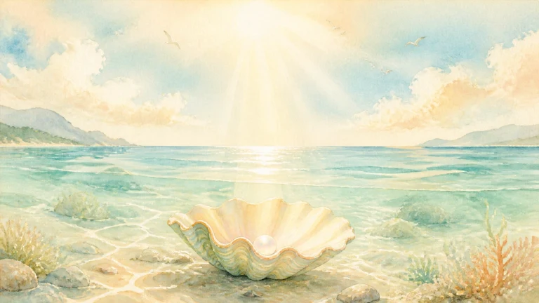 一枚发光珍珠躺在清澈浅海中的张开贝壳里