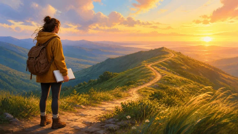 背包行人站在夕阳山脊入口眺望蜿蜒小径