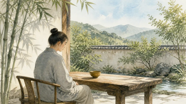 女子独坐在竹影庭院木桌旁，桌上放着一只茶碗