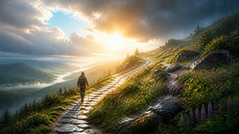行人沿云层透光的高山花径独自前行