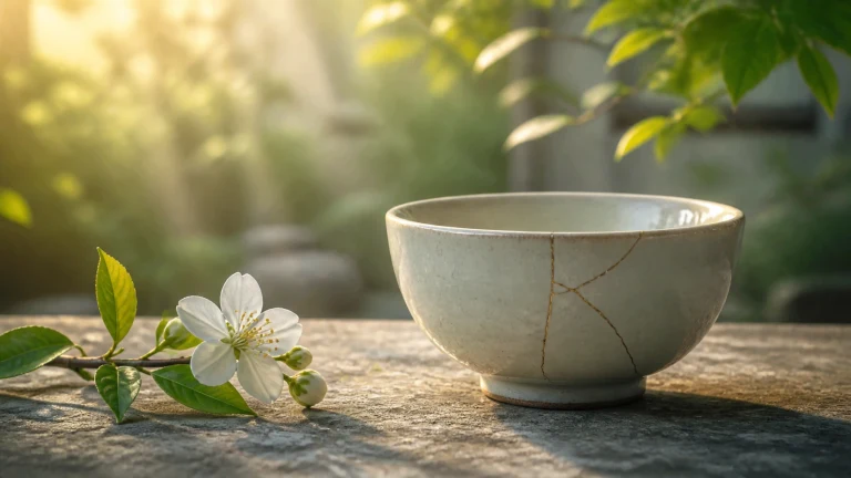 带金色修补纹的白瓷碗与一枝白花摆在石桌上