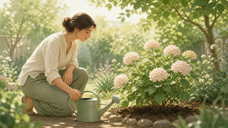 女子蹲在阳光花园给粉白绣球花浇水