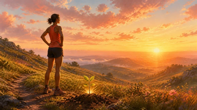 女跑者停在夕阳山坡的一株发光嫩芽旁