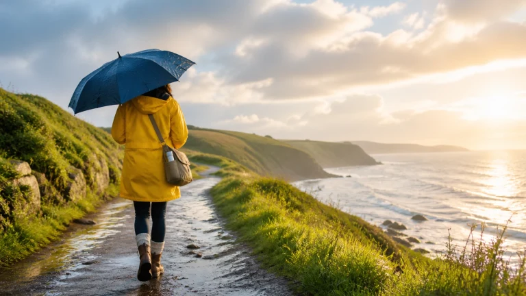 穿黄色雨衣的行人撑伞走在雨后海岸小路