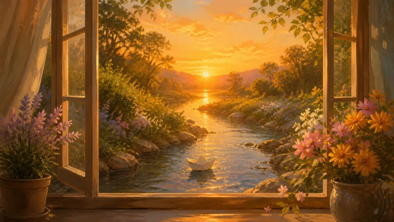 夕阳从花盆环绕的敞窗照进溪流，一只纸船漂在水面
