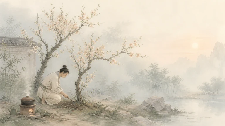 白衣人蹲在水墨湖畔的花树下整理泥土
