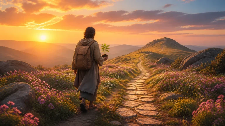 背包旅人手持幼苗走在夕阳山地花径