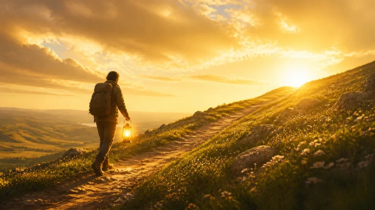 背包行人提着灯沿金色夕阳山坡小径前行