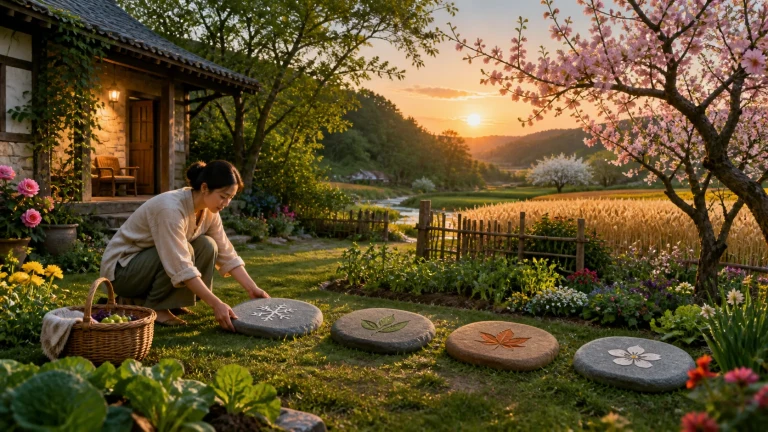女子在夕阳花园草地铺设带植物图案的圆形踏石