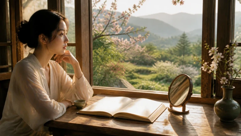 女子坐在山景窗前翻开书本，桌上立着圆镜