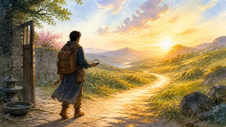 背包男子手持指南针走出石门望向夕阳山路