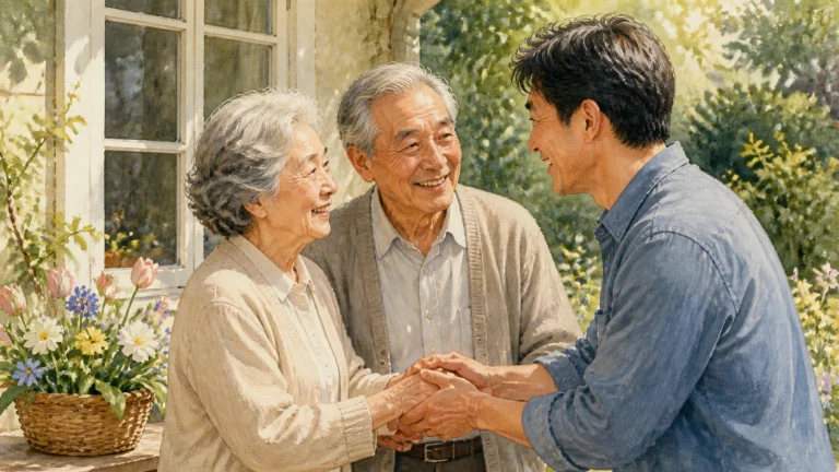 年轻男子在花园窗前与一对老人握手问候