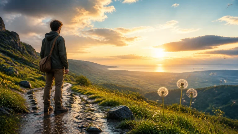 背包行人站在雨后山坡小径眺望夕阳海湾