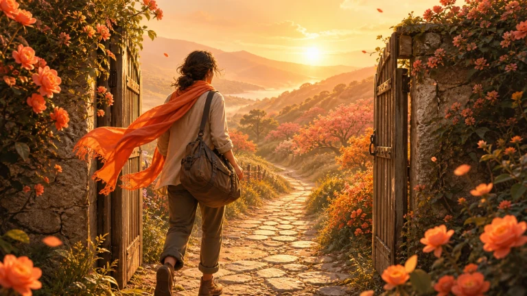 披红围巾的背包旅人穿过花门走向夕阳山路