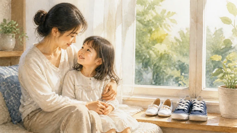 母亲与女儿坐在阳光窗前相互依偎