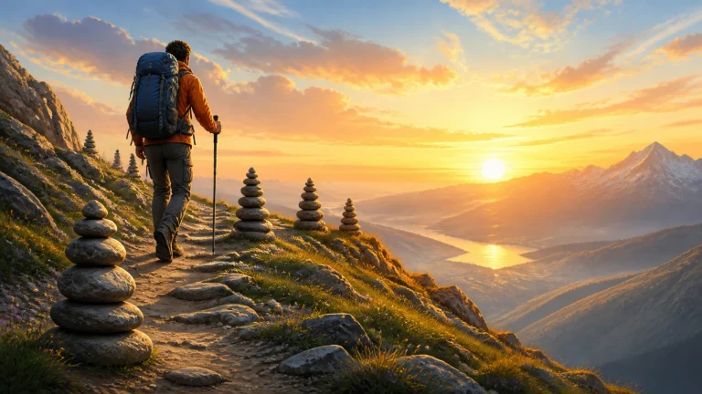 背包徒步者沿堆有石塔的夕阳山坡小径前行