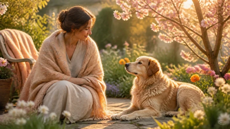 夕阳花园里，女子坐在金毛犬身旁温柔对望