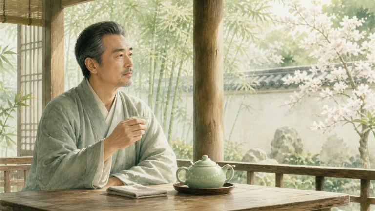 身穿浅灰长袍的男子坐在中式廊亭中品茶赏花