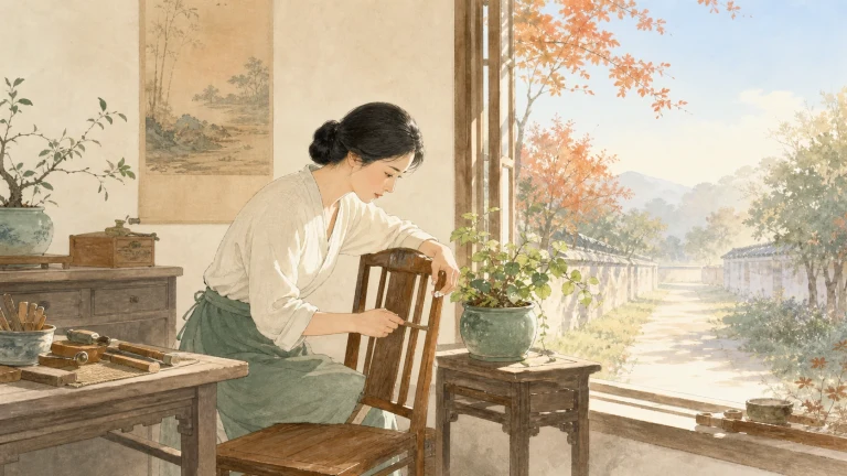 水彩画中的女子在明亮窗边修整一把木椅