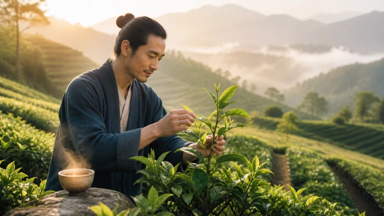 男子坐在高山茶园中细看刚采下的嫩叶