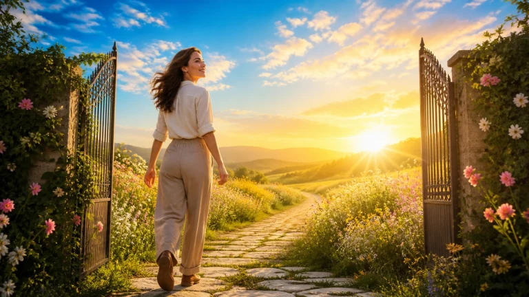女子穿过敞开的铁艺花园门，走向夕阳下的原野
