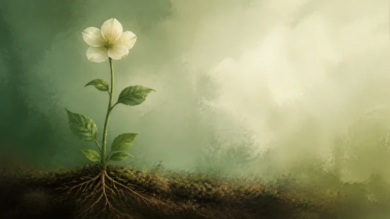 一株开着白花的幼苗扎根土壤，根系清晰可见