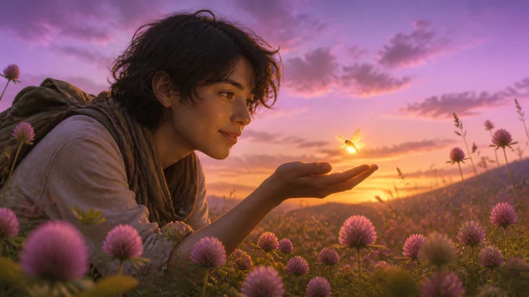 背包女子俯卧在紫色花田中，凝望掌心停驻的发光小虫