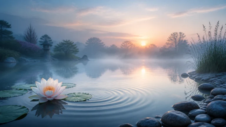 晨雾湖面上，一朵白色莲花在日出倒影中静静绽放
