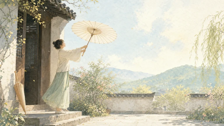 水彩庭院中，女子站在廊前撑开一把白色纸伞