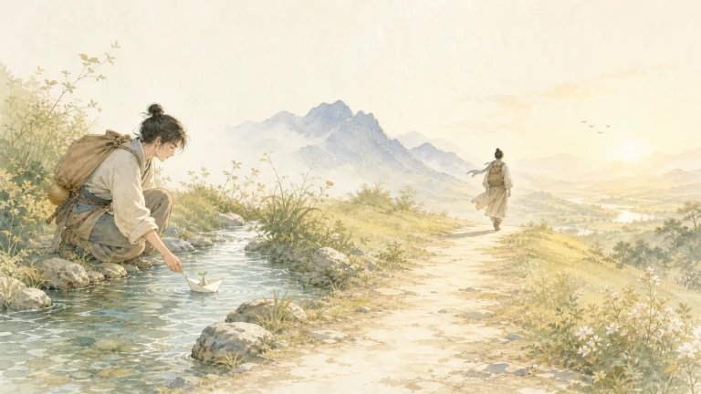 水彩山野中，背包旅人蹲在溪边放纸船，另一人沿路远去