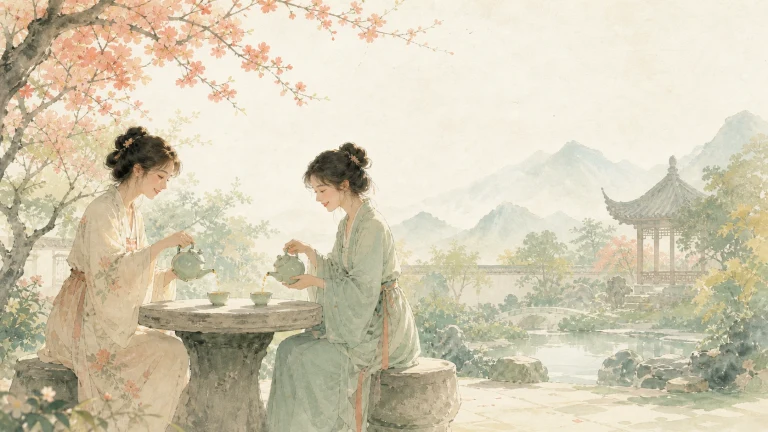水彩春日庭院里，两名古风女子在石桌旁斟茶品茗