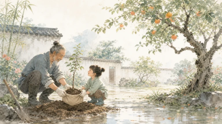 果树下，老人和孩子一起在湿润庭院中栽种树苗