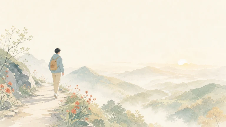 水彩画中的背包旅人沿山间花径走向层叠远峰
