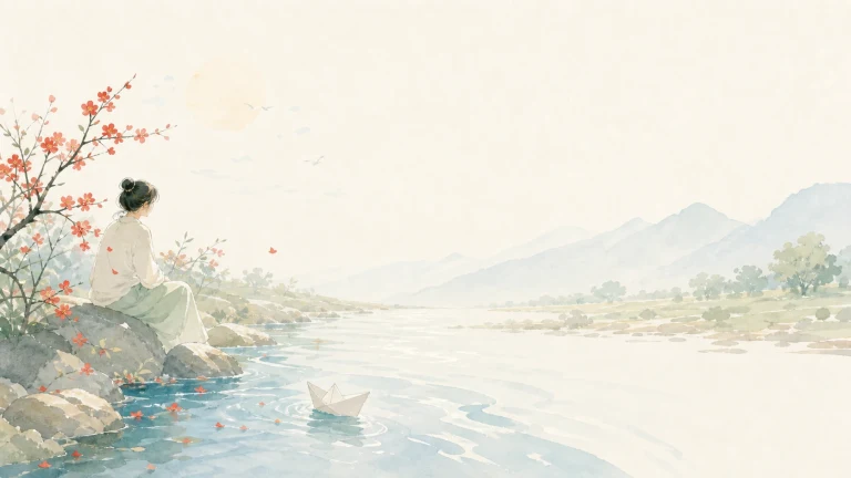 女子坐在秋叶飘落的河岸边，看着纸船顺水漂流