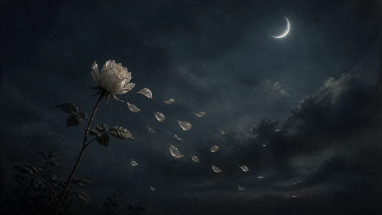 乌云与弯月下，一朵白玫瑰的花瓣被风吹向夜空