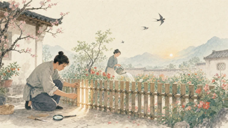 水彩庭院里，男子俯身修补木篱笆，家人在花木间劳作