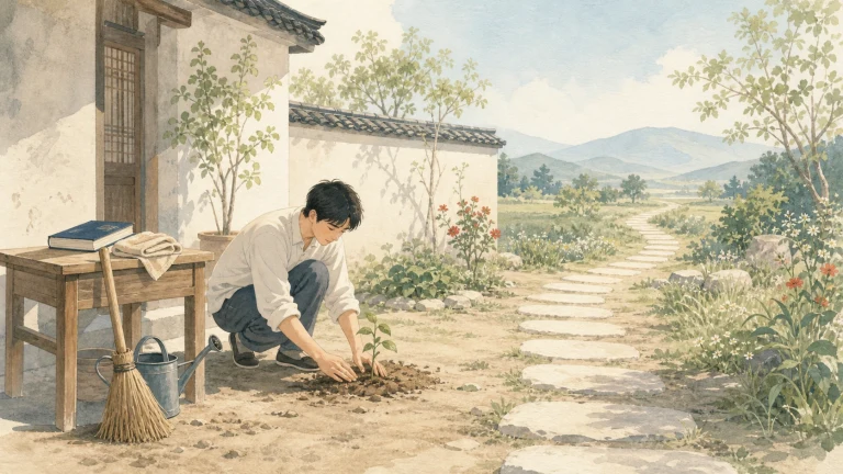 水彩乡间庭院里，男子蹲在石径旁栽种一株幼苗
