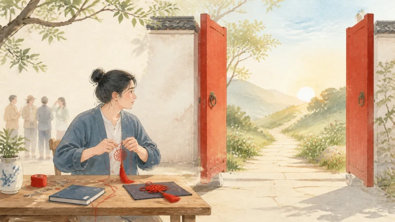 女子坐在敞开的红门前编织红色绳结，几人在院内等候