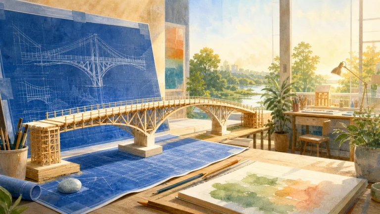 建筑工作室里，木制拱桥模型摆在蓝图与绘图工具上