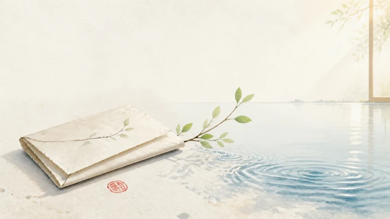 水边放着一封盖有红印的信，信封上压着绿色枝条