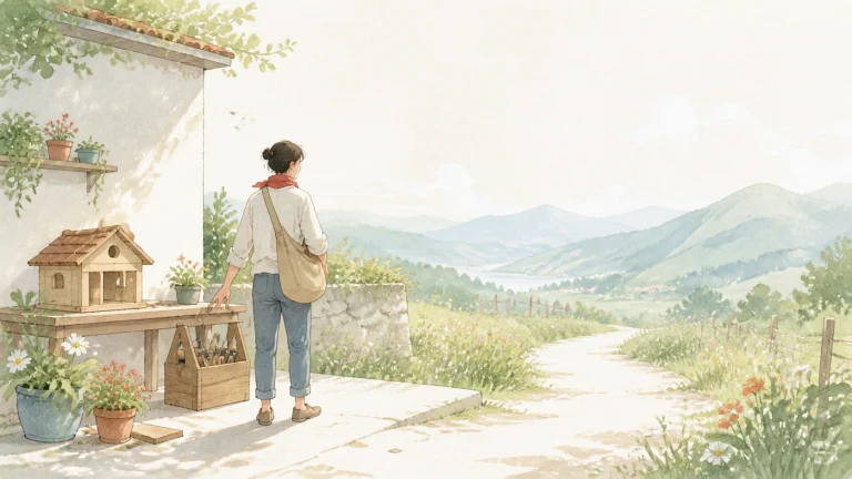 女子站在庭院鸟舍旁眺望山谷小路