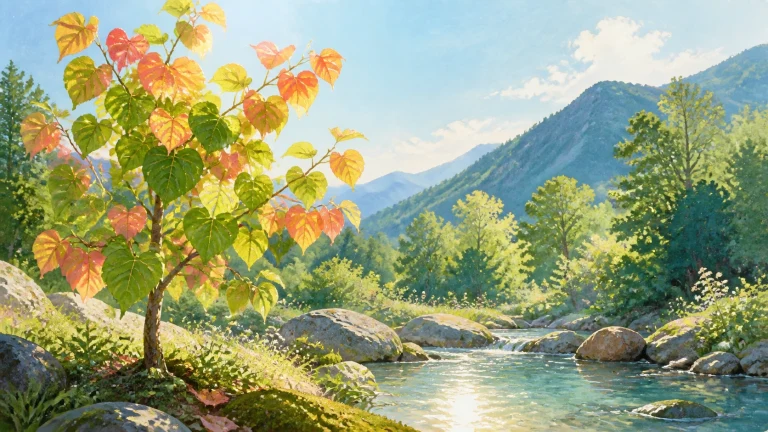 彩叶小树生长在清澈山溪旁，阳光照亮森林与群峰
