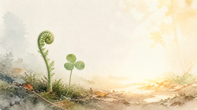 一株卷曲的蕨芽与一棵三叶嫩苗在晨光中破土生长