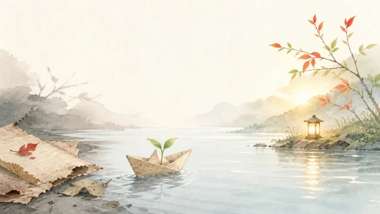 一只载着嫩芽的纸船漂在湖边，岸上散落旧纸与红叶