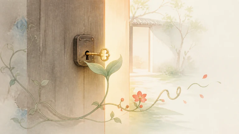 金色钥匙插在木门锁孔中，绿色藤蔓与小花沿门板生长